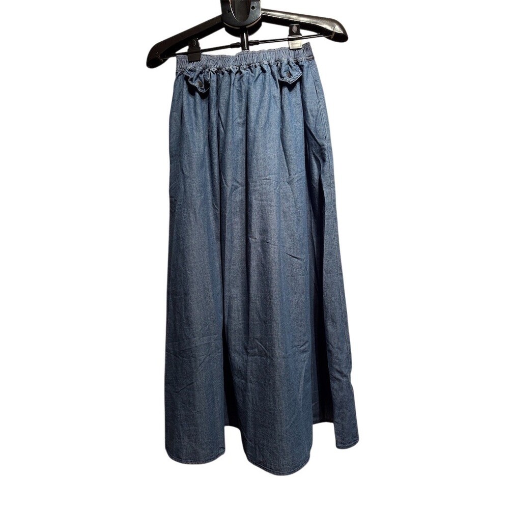 In February Skirt Womens Size S Blue Denim Maxi A-Line Smocked Waist w/pockets - Picture 3 of 9